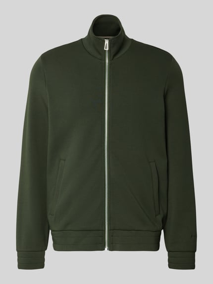 Produktfoto, Sweatjacke mit Stehkragen und Eingrifftaschen von PAUL SMITH in Dunkelgrün, Baumwoll-Mix mit Modal-Anteil, glatte Textur.
