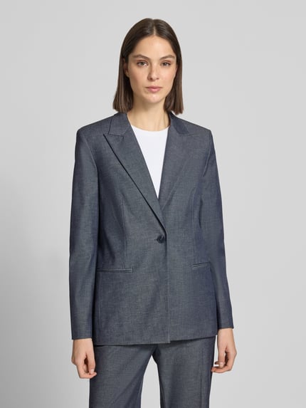 Kobiece modelka nosi Relaxed Fit Blazer in eleganter Denim-Optik od Jake*s Collection, mieszanka materiałów z dodatkiem wiskozy, krój relaxed fit, tkanina stylizowana na denim, kołnierz z połami, kieszenie z wypustkami, zapięcie na guzik, długość tyłu w rozmiarze 36: 72 cm, szerokość w rozmiarze 36: 47 cm, długość rękawów w rozmiarze 36: 64 cm, widok całej sylwetki od przodu.