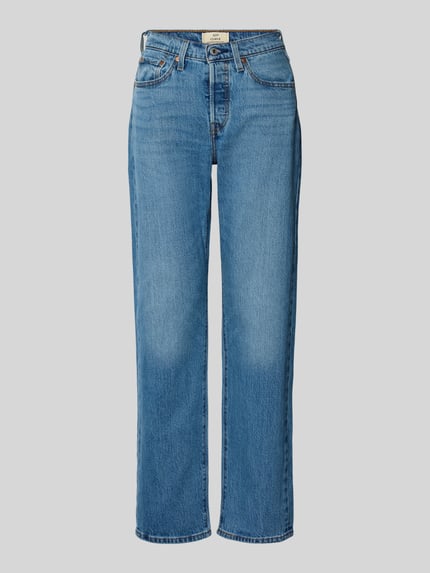 Produktfoto, Jeans mit 5-Pocket-Design von Levi's® aus Baumwoll-Elasthan-Mix mit lockerem Schnitt, mittlerem Blau, sichtbarer Knopf- und Reißverschluss
