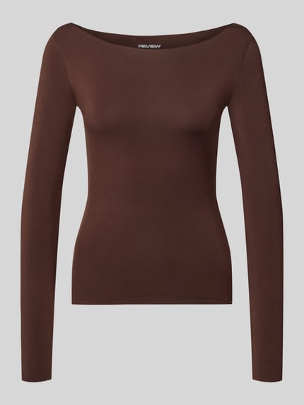 Produktfoto, Slim Fit Langarmshirt U-Boot-Ausschnitt von REVIEW in Dunkelbraun, Lyocell-Mix mit Stretch-Anteil, elastischer Bund