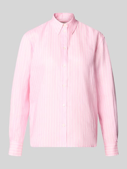 Produktfoto, Leinenbluse mit rückseitigem Logo-Stitching Modell 'MEREDITH' von MC2 Saint Barth in Rosa mit weißen Streifen, reine Leinen, Hemdblusenkragen, Knopfleiste, Loose-Fit