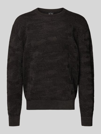 Produktfoto, Strickpullover mit gerippten Abschlüssen von ARMANI EXCHANGE, schwarzer Material-Mix mit Baumwoll-Anteil, lockerer Schnitt, Rundhalsausschnitt