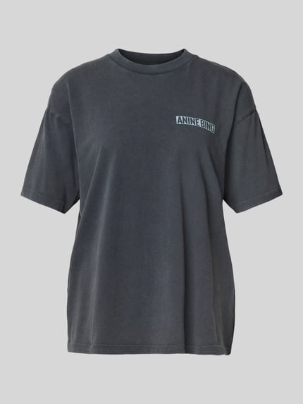 Produktfoto, Oversized Fit T-Shirt mit Logo-Print von Anine Bing, damski t-shirt z bawełny, krój oversized fit, nadruk z logo, okrągły dekolt, z krótkim rękawem, długość tyłu w rozmiarze S: 62 cm, kolor ciemnoszary, gładka faktura