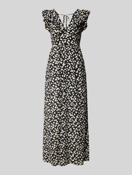 Productfoto, Leicht ausgestelltes Maxikleid uit pure viscose model 'EASY JOY' van Vero Moda, allover patroon, maxi lengte, diepe V-hals, ruches, taille met elastiek, bindceintuur, mouwloos, diepe V-rug, volant zoom, zachte lichte stof.