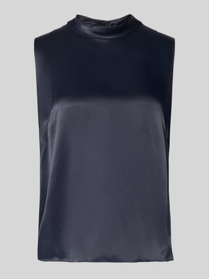 Productfoto, Regular Fit Blusentop uit pure viscose model 'BAURINA' van BOSS, effen donkerblauw satijn met labelapplicatie en ronde hals