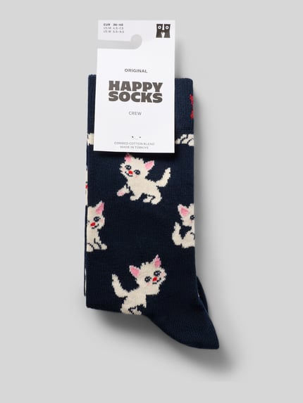 Produktfoto, Socken mit Allover-Motiv-Print von Happy Socks, dunkelblauer elastischer Baumwoll-Mix mit Katzenmotiv, Label-Detail sichtbar.