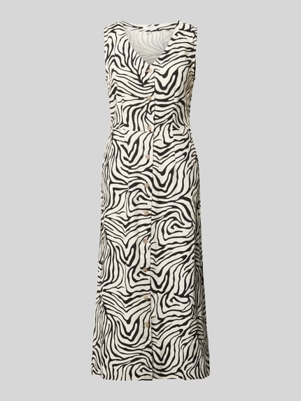 Produktfoto, midi-jurk van linnenmix met viscose, getailleerd model, V-hals, doorlopende knoopsluiting, model 'FALAKKA' van B.Young, ruglengte maat 36: 122 cm, borstwijdte maat 36: 47 cm, zwart-wit zebrapatroon