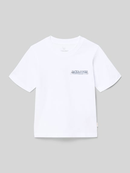 Produktfoto, weißes T-Shirt mit Statement-Print Modell 'CASSIS' von Jack & Jones, reine Baumwolle, Regular Fit, Rundhalsausschnitt, glatte Textur