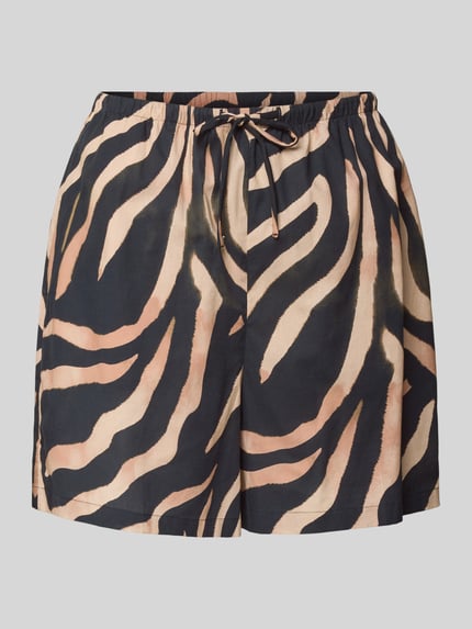 Produktfoto, Regular Fit Shorts aus reiner Baumwolle Modell 'HASLALA-1' von HUGO, efekt: wzór zwierzęcy na całej powierzchni, czarno-beżowe, tunel, elastyczne zakończenie nogawek, materiał: bawełna