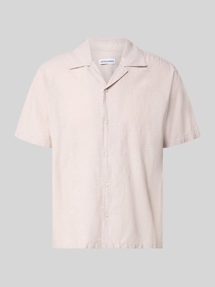 Produktfoto, Regular Fit Freizeithemd aus Baumwoll-Leinen-Mix von Jack & Jones in hellem Beige, kurze Ärmel, Reverskragen, Knopfleiste, Modell BREEZE