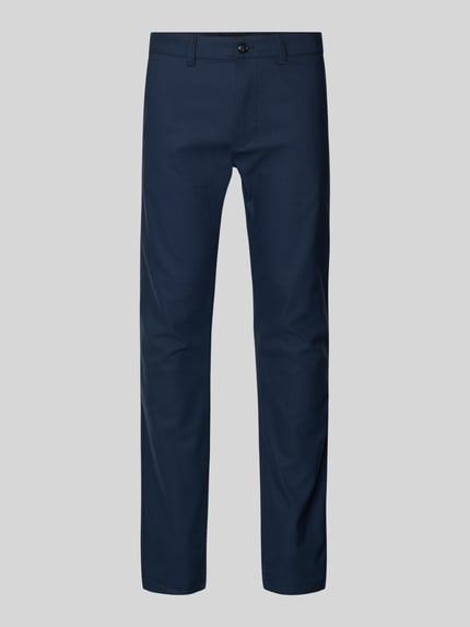 Produktfoto, Slim Fit Chino aus Baumwoll-Mix mit Leinen und Viskose-Anteil Modell 'Chino-Slim-2' von BOSS Orange in dunklem Blau, Denim-Optik, Twill-Struktur, sichtbarer Knopf, Mid Waist, seitliche Eingrifftaschen und Gesäßtaschen.