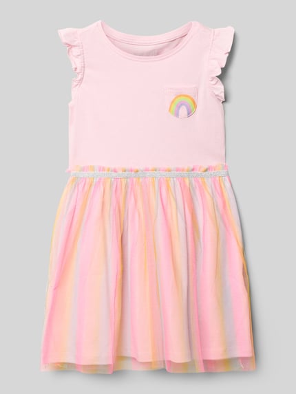 Productfoto, 'Kleid mit Brusttasche und Rundhalsausschnitt' van Blue Seven, zuiver katoen, A-lijn, 2-in-1-look, borstzak, ronde hals, ruglengte maat 116: 23 cm, roze met kleurrijke strepen, zachte textuur