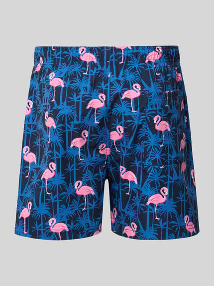 Produktfoto, Badehose im Allover-Look Modell 'MAUI VIBES NOVELTY' von Jack & Jones, Regular-Fit mit elastischem Bund, blau-rosa Farbspiel, Palmen- und Flamingo-Motive