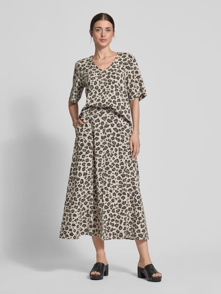 FREE/QUENT Midirok van een mix van viscose en linnen met loopsplit Beige - 1