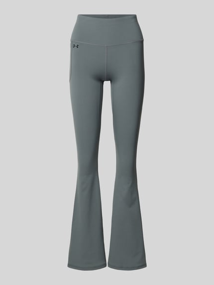 Produktfoto, Flared Fit Leggins mit breitem Bund Modell 'Motion' von Under Armour in Grau, elastischer Material-Mix, Beintasche, Logo-Print.
