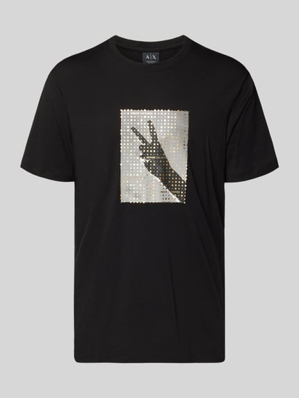 Produktfoto, T-Shirt mit Motiv-Print von ARMANI EXCHANGE in Schwarz, Reine Baumwolle, Regular-Fit, goldener Motiv-Print, Gerippter Rundhalsausschnitt