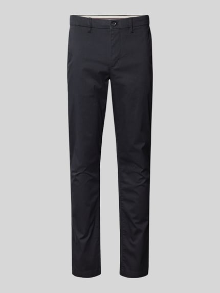 Produktfoto, Slim Fit Chino aus Baumwoll-Mix Modell 'BLEECKER' von Tommy Hilfiger in Dunkelblau, Optik: unifarben, mit Gürtelschlaufen, Knopf und verdecktem Reißverschluss, seitliche Eingrifftaschen und Gesäßtaschen, Label Patch, Label Stitching, Label-Prägung, Passform: Slim Fit, Material: Baumwoll-Mix.