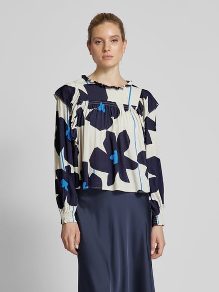 Oui Bluzka o kroju relaxed fit z bufiastymi rękawami Ciemnoniebieski 4