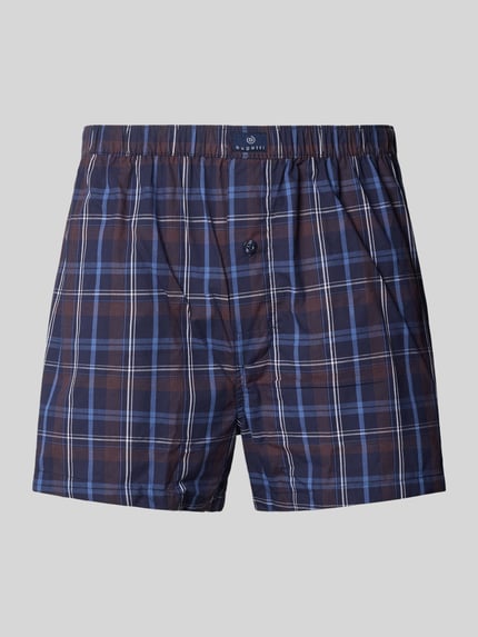 Produktfoto, Boxershorts mit elastischem Bund und Label-Detail im 2er-Pack von bugatti, bawełna, krój regular fit, elastyczny pas, detal z logo, Zestaw 2 szt., granatowo-brązowa kratka, gładka tekstura
