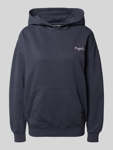 Productfoto, Oversized Hoodie met label-stitching model 'MARIALVA' van Pegador, katoenmix, kangoeroezak, dames hoodie, donkerblauw, effen textuur