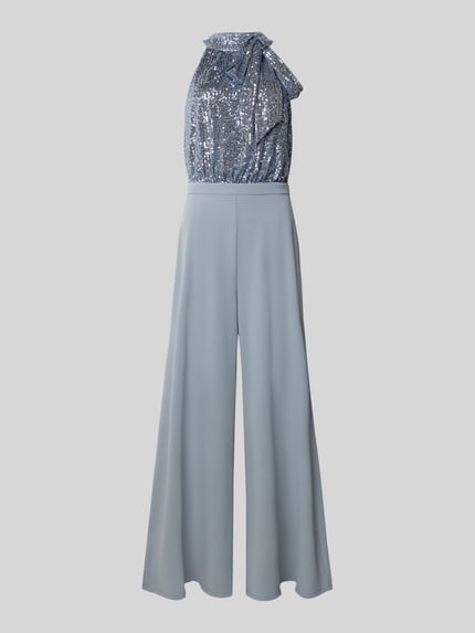 Produktfoto, Regular Fit Jumpsuit mit cekinowe obszycie, elastyczna mieszanka materiałów, stójka, bez rękawów, ozdobna kokarda, taliowany, dekolt na plecach, długość tyłu w rozmiarze 36: 43 cm, szerokość w rozmiarze 36: 34 cm, całkowita długość w rozmiarze 36: 155 cm, długość wewnętrzna nogawki w rozmiarze 36: 78 cm, Regular Fit Jumpsuit mit Pailettenbesatz od Swing