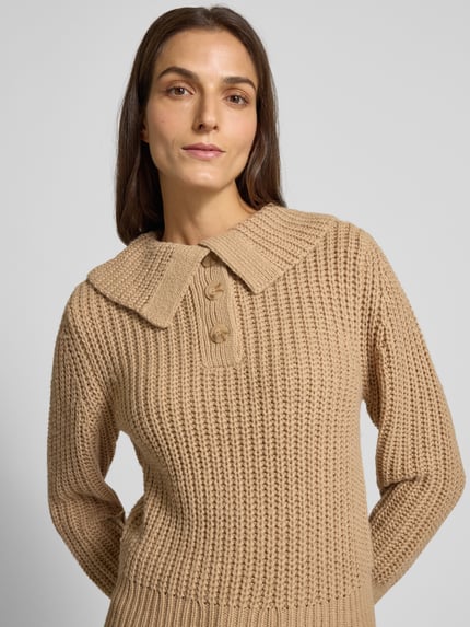 OPUS Sweter z dzianiny z prążkowanymi wykończeniami model ‘Proyer’ Camel 3