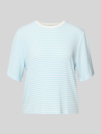 Produktfoto, Regular Fit T-Shirt aus Modal-Mix Modell 'Jana' von MSCH Copenhagen, damski t-shirt, elastyczna mieszanka modalu, krój regular fit, okrągły dekolt, rękaw o dł. 1/2, długość tyłu w rozmiarze S/M: 53 cm, jasnoniebiesko-białe paski, gładka faktura