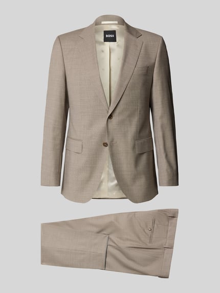 Productfoto, beige slim fit pak van scheerwolmix model 'HUGE' van BOSS, effen structuur, heren pak met twee knopen
