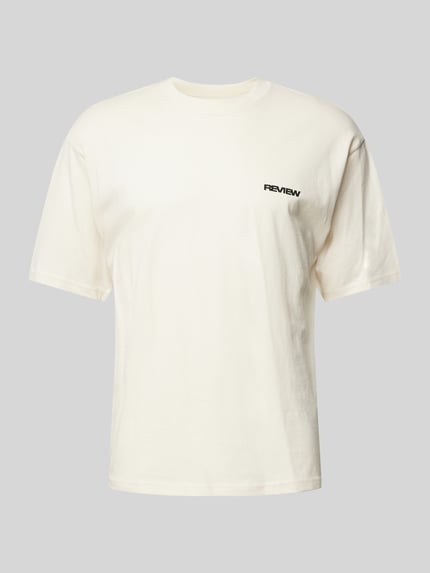 Produktfoto, Relaxed Fit T-shirt uit puur katoen van REVIEW, geborduurd logo, met korte mouwen, ruglengte maat M 68 cm, effen wit