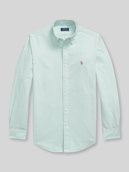 Produktfoto, Custom Fit Freizeithemd aus reiner Baumwolle von Polo Ralph Lauren in Mintgrün mit feinen weißen Streifen, glatte Textur