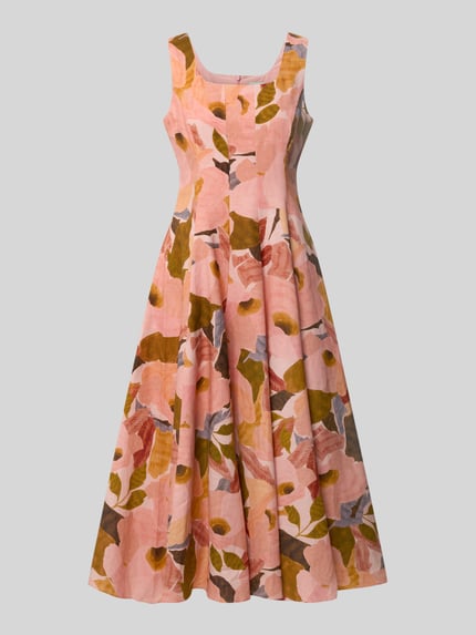 Produktfoto, sukienka midi z mieszanki lnu i bawełny Ted Baker Model 'Shivana', taliowany krój, kwiatowy nadruk na całej powierzchni, krój bez rękawów, długość tyłu w rozmiarze 36: 110 cm, szerokość w rozmiarze 36: 44 cm