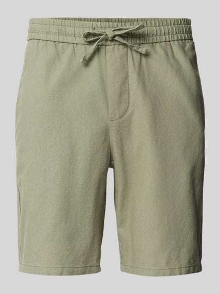 Produktfoto, Regular Fit Shorts aus Baumwoll-Leinen-Mix Modell 'LINUS' von Only & Sons, jasny zielony, jednolity kolor, elastyczny pas z troczkiem, kieszenie boczne i tylna, materiał o strukturze lnu, krój regular fit