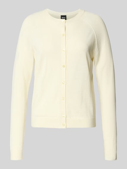 Produktfoto, cremefarbene Relaxed-Fit Strickjacke aus reiner Schurwolle Modell 'FONAMI' von BOSS, Damen Strickjacke.