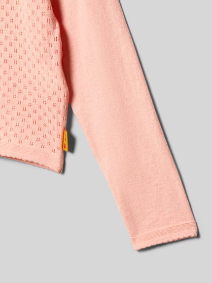 Produktfoto, Regular Fit Cardigan mit Kaschmir-Anteil von Steiff in rosa Strick-Optik mit Lochmuster aus Baumwoll-Mix, Detailaufnahme.