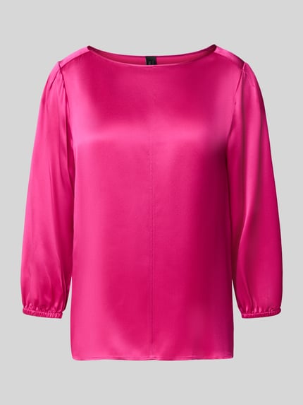 Produktfoto, leuchtend pinke Regular Fit Bluse aus reiner Seide mit 3/4-Arm von Marc Cain, glatte Textur, Rundhalsausschnitt, Vorderansicht