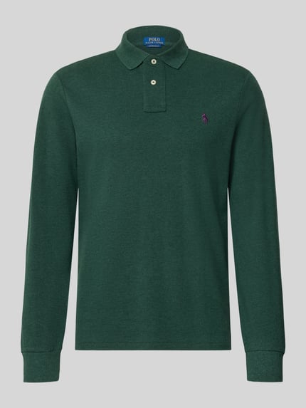 Produktfoto, Regular Fit Poloshirt aus reiner Baumwolle von Polo Ralph Lauren in dunklem Grün, glatte Baumwollstruktur, lange Ärmel