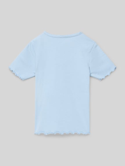 Productfoto, Regular Fit T-shirt uit katoenmix model 'Trinny' van Only voor kinderen, effen kleur lichtblauw, fijnribstructuur, korte mouw met frill, rompzoom met frill