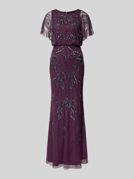 Produktfoto, Abendkleid mit Perlen und Pailletten von Christian Berg Cocktail in dunklem Lila, Maxikleid tailliert, Rundhalsausschnitt, feine Details