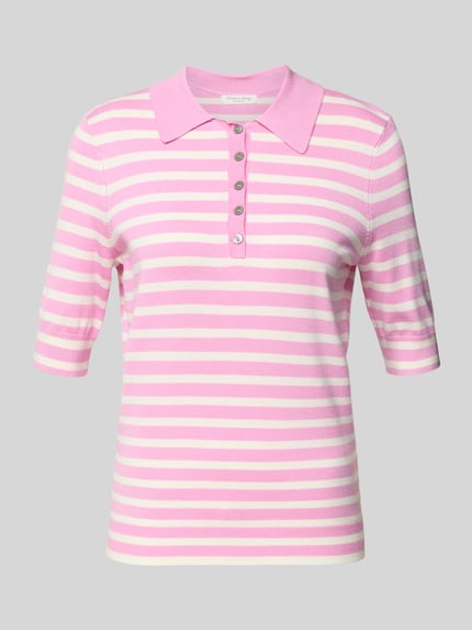 Produktfoto, Poloshirt aus Viskose-Mix von Christian Berg Woman in Rosa-Weiß gestreift, gerader Schnitt, Polokragen, kurze Knopfleiste, Halbarm.