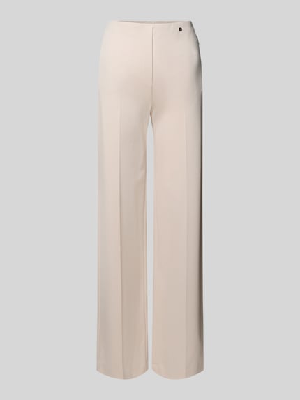 Produktfoto, Stoffhose aus Viskose-Mix mit Bügelfalten von Marc Cain in Beige, weiter Schnitt, elastischer Bund, Reißverschlusstaschen, Regular Fit