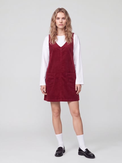 Frauenmodel trägt Minikleid aus Cord mit aufgesetzten Taschen von MOP DENIM, bordeaux, unifarben, V-Ausschnitt, gerade Saum, Ganzkörperansicht von vorne.