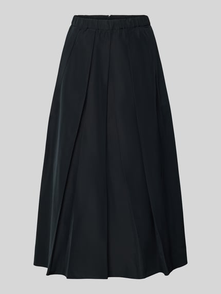 Produktfoto, uni zwarte Midi-Rock met katoen, model 'CURVATO' van Weekend Max Mara, uitlopend, elastische taille, gladde textuur.