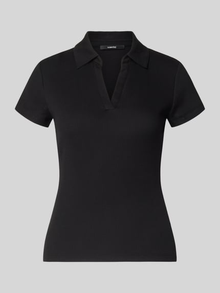 Produktfoto, T-Shirt mit Polokragen Modell 'Kleoh Polo' von Someday, Damen T-Shirt, Schwarz, Ripp-Optik, Baumwoll-Elasthan-Mix, Slim-Fit, V-Ausschnitt