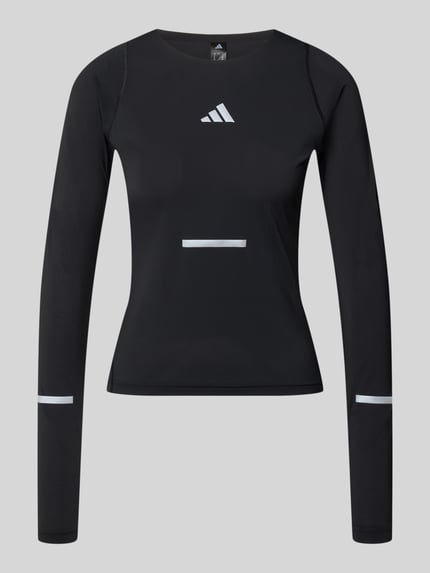 Produktfoto, zwart slim fit shirt met lange mouwen met reflecterende details, gladde structuur, Slim Fit Sport-Langarmshirt met reflektierende Details model 'adi365' van adidas Training