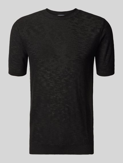 Produktfoto, Slim Fit T-Shirt aus Leinen-Mix in Strick-Optik von Antony Morato, Schwarz, Kurzärmelig, Rundhalsausschnitt, fein strukturierte Textur, Herren T-Shirt, Leinen-Viskose-Anteil, Rückenlänge 72 cm bei Größe M.