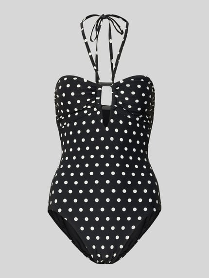 Produktfoto, schwarzer Bandeau-Badeanzug im Allover-Look Modell 'CLASSIC DOT BANDEAU' von Michael Kors mit weißen Punkten, Material-Mix mit Stretch-Anteil, körpernahe Passform.