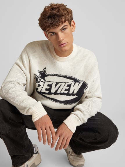 REVIEW Sweter z dzianiny z nadrukiem z logo Écru 3