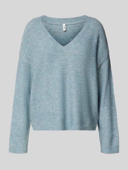 Produktfoto, Regular Fit Strickpullover mit Paillettenbesatz Modell 'ARIZONA' von Only in melierter Optik, V-Ausschnitt, gerippte Abschlüsse, gestrickte Textur
