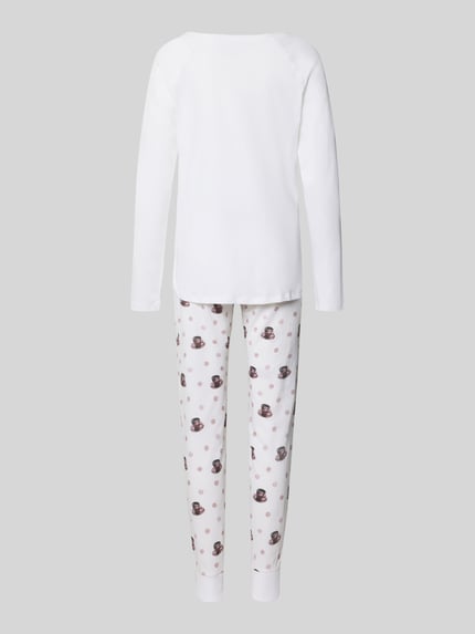 Frauenmodel trägt Regular Fit Pyjama aus reiner Baumwolle Modell 'Meine Auszeit' von LOUIS & LOUISA, Langarm, Allover-Motiv, Ganzkörperansicht Rückansicht.