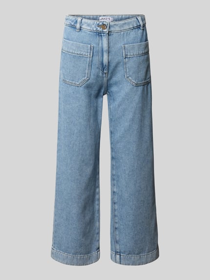 Productfoto, Cropped Jeans mit aufgesetzten Taschen van Jake*s Casual in lichtblauw, zuiver katoen, rechte cropped fit, opgestikte zakken, knoop- en ritssluiting, taillewijdte maat 36: 37 cm, binnenbeenlengte maat 36: 68 cm